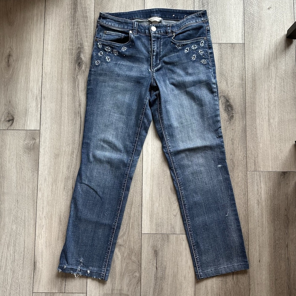 Christopher & Banks Jeans Women's Sz. 8 Blue Tapered Distressed Sequin‎ Accents